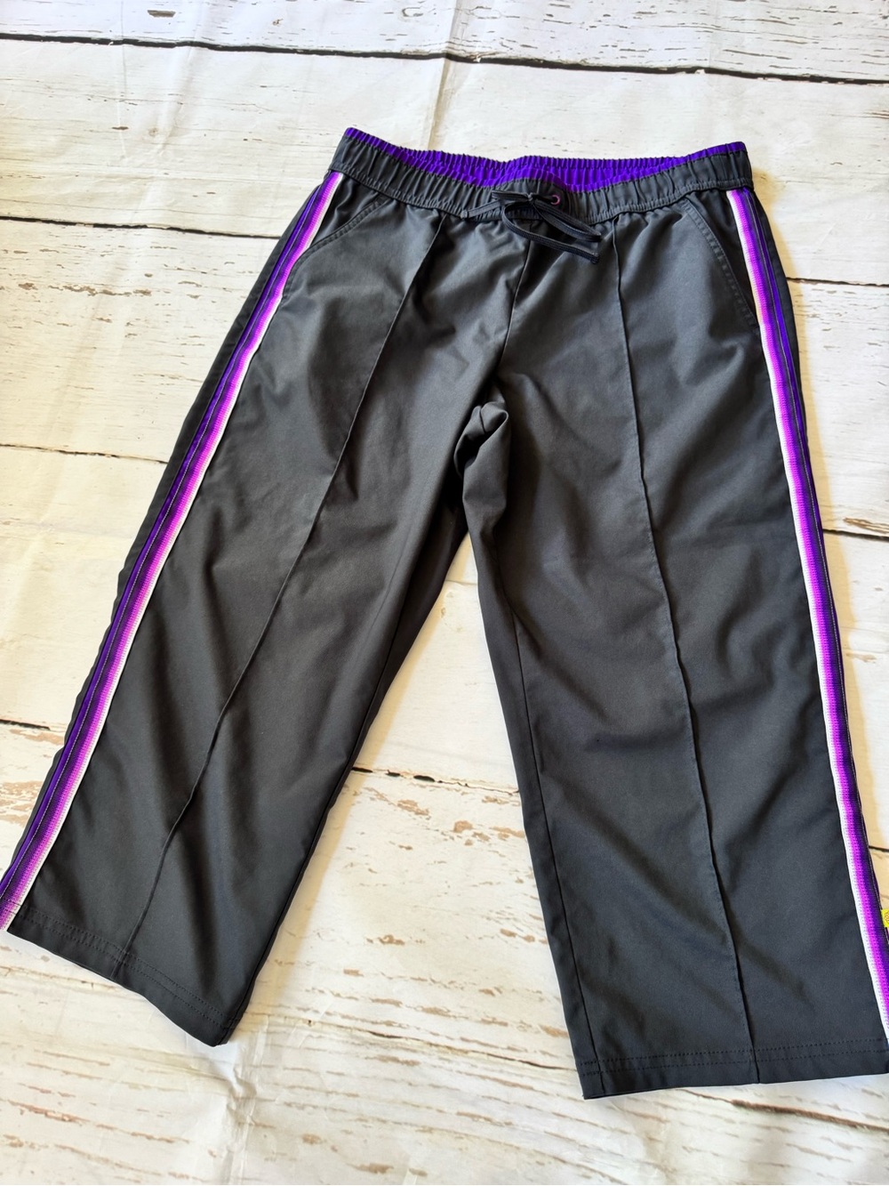 made for life Black Trackpabts with Purple Side Stripes crop